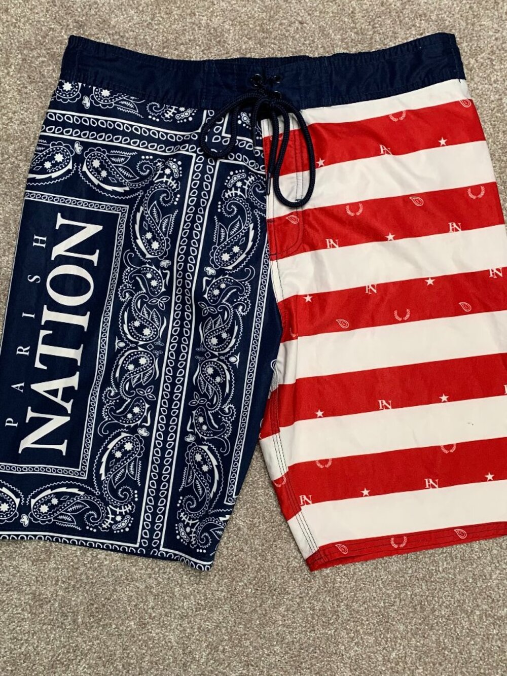 Parish Nation Board Shorts blue bandana pattern and Red white Stripe Sz Med.